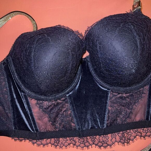 Victoria's Secret LONGLINE 34D,36D BRA SET CORSET+ROBE VELVET Velour NAVY BLUE - Picture 6 of 11